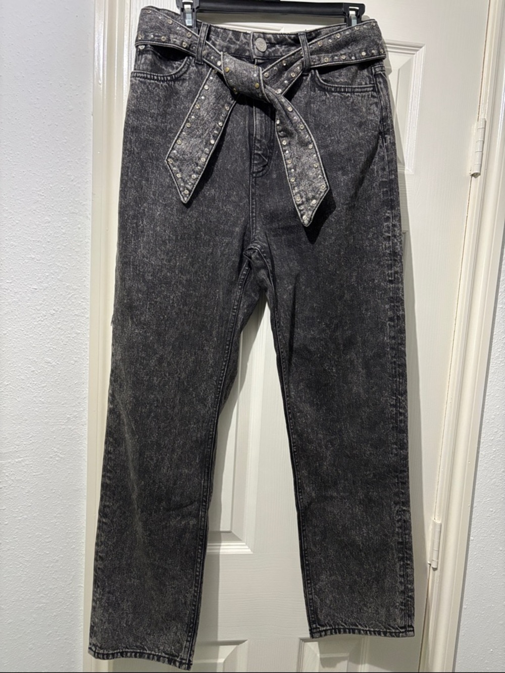 Sandro Black Stone Washed Relaxed Fredd Jeans Size 8 Belted Studs Rhinestones